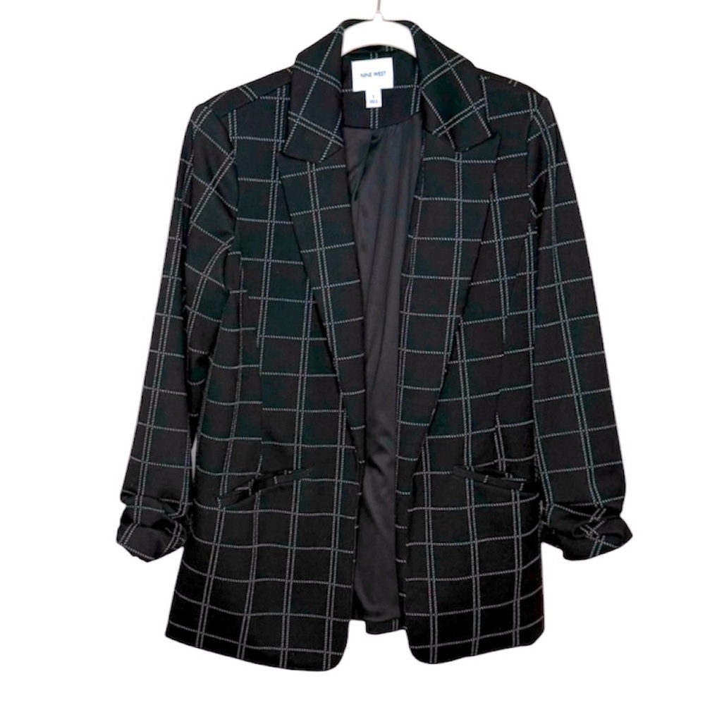 Nine West Windowpane Plaid Blazer Size Small Notch Collar Kiss Front Black Crepe